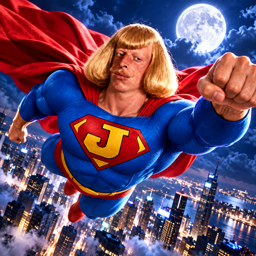 Super Jean Phil flying over the city at night