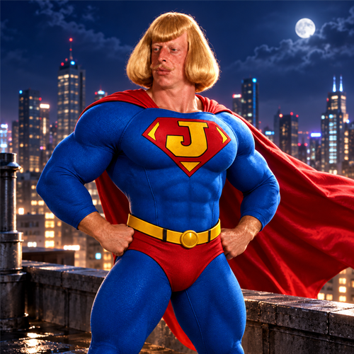 Super Jean Phil standing heroically on a rooftop
